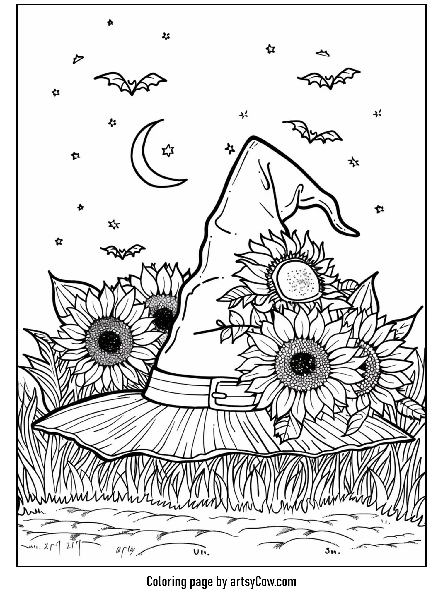 halloween coloring pages with witch hat - Image of a witch hat decorated with sunflowers under a moonlit sky, set in a mystical Halloween scene.
